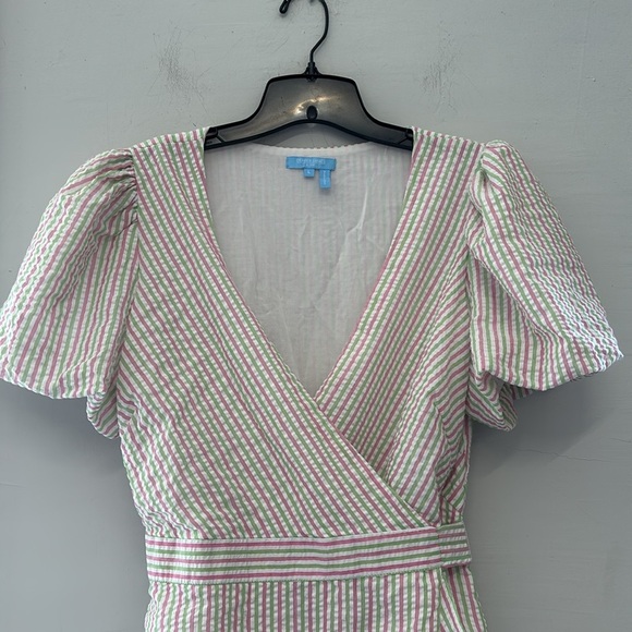 DRAPER JAMES Puff Sleeve Wrap Pink Green Stripe Preppy Dress Size Large - Picture 4 of 7